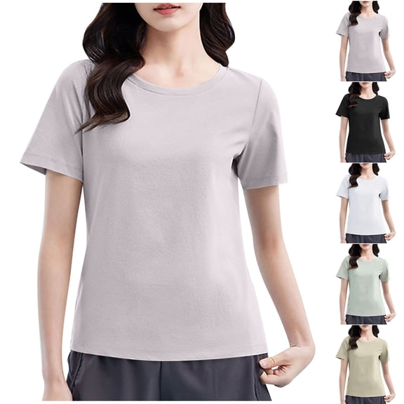 Ashirexll Tops for Women Trendy, Short Sleeve Shirts for Women, Casual Plus Size Short Sleeve Round Neck Solid Color Blouse