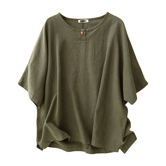 Ashirexll Tops for Women Trendy, Short Sleeve Shirts for Women, Solid Color Button Short Sleeve Shirt with Hem Slit Round Neck Top