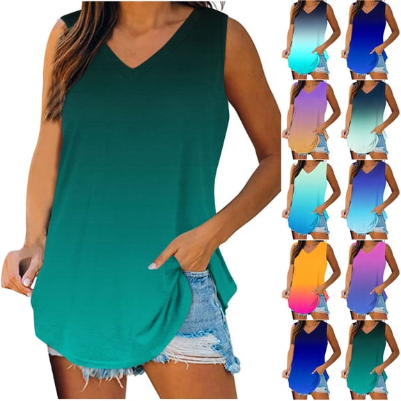 Ashirexll Tops for Women Trendy, Sleeveless Shirts for Women, Gradient Color Tank V-Neck Sleeveless Casual Summer Blouse