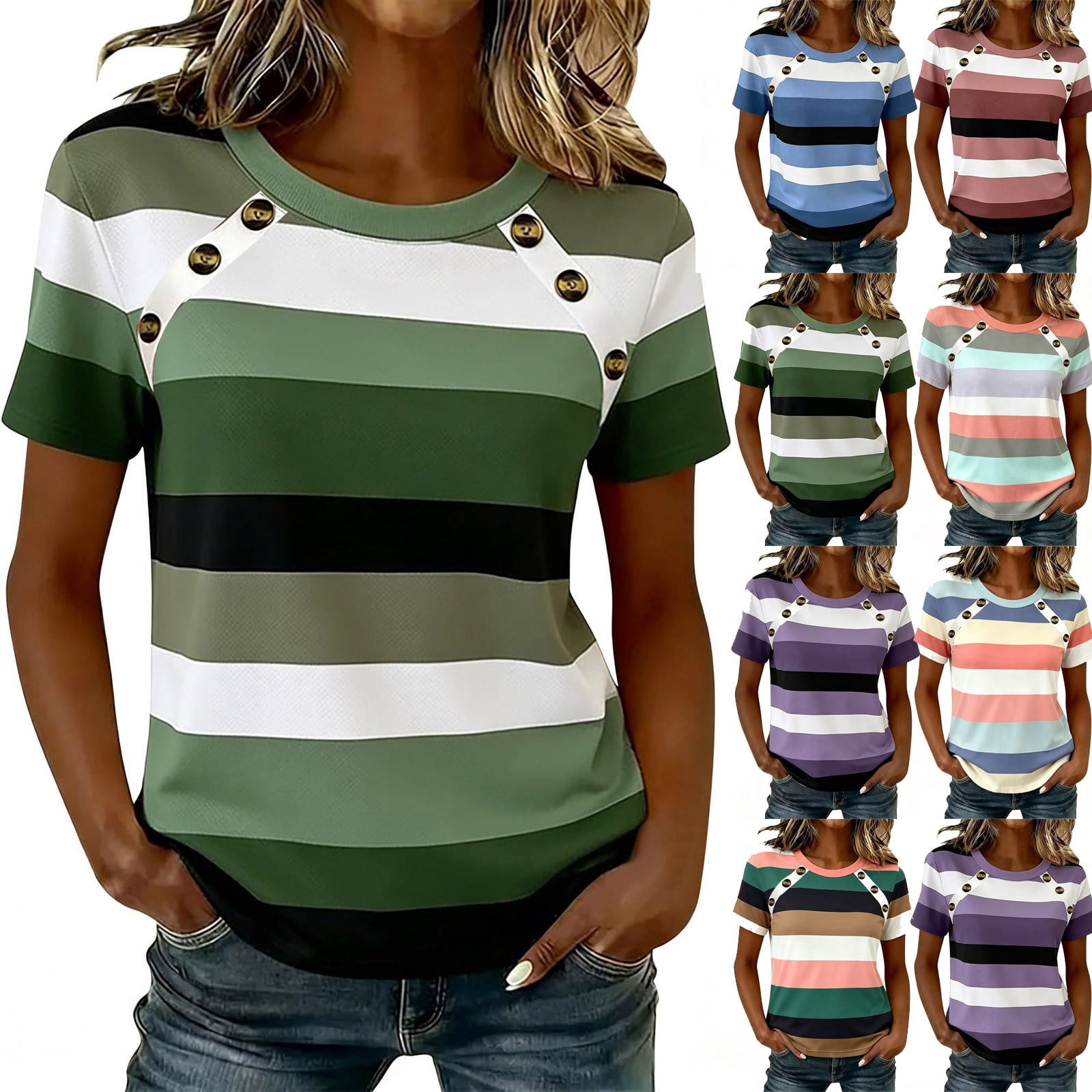 Ashirexll Tops for Women Trendy Summer Casual Button Striped Short ...