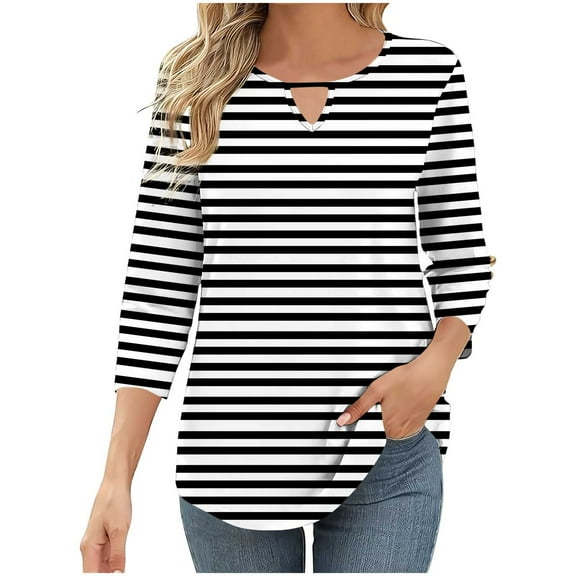 Ashirexll Tops for Women Trendy, Womens Casual Tops, Fashion Casual Striped Round Neck 3/4 Sleeve Summer T-Shirt