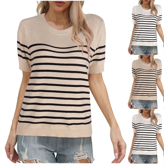 Ashirexll Tops for Women Trendy, Womens Casual Tops, Fashion Summer Casual Round Neck Striped Loose Short Sleeve Top