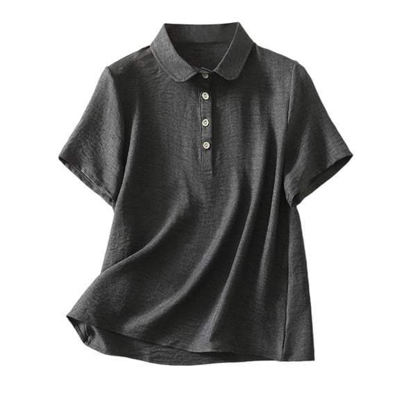 Ashirexll Tops for Women Trendy, Womens Casual Tops, Linen Short Sleeve Doll Collar Solid Color Top Casual Versatile Shirt