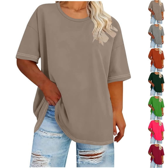 Ashirexll Tops for Women Trendy, Womens Casual Tops, Plus Size Round Neck Short Sleeve Solid Color Basic Spring Summer T-Shirt