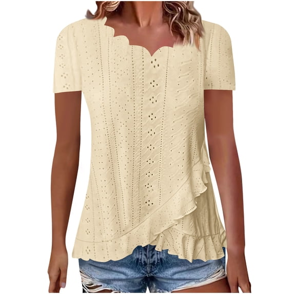 Ashirexll Tops for Women Trendy, Womens Casual Tops, Splicing V-Neck Hem Ruffle Lace Loose Short Sleeve Solid Color Blouse
