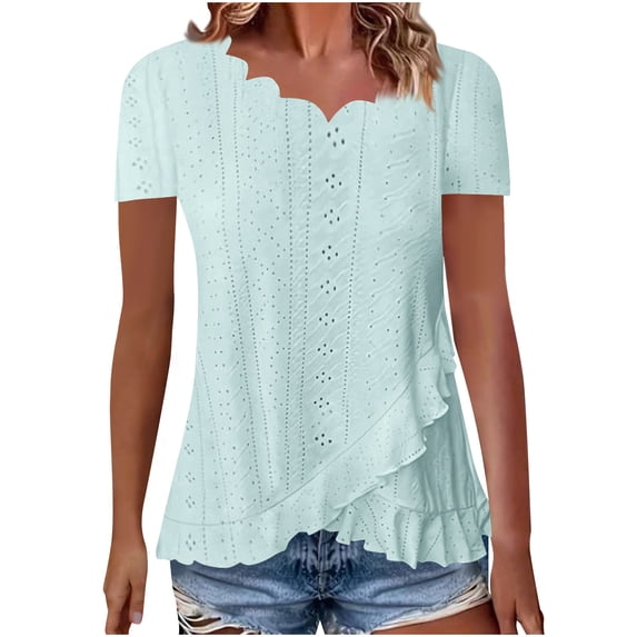 Ashirexll Tops for Women Trendy, Womens Casual Tops, Splicing V-Neck Hem Ruffle Lace Loose Short Sleeve Solid Color Blouse