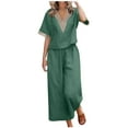 thumbnail image 1 of Ashirexll Travel Outfits for Women, 2 Piece Lounge Set Women, Fashion Two Piece Solid Color Cotton and Linen Loose Casual Suit Green XXL, 1 of 5