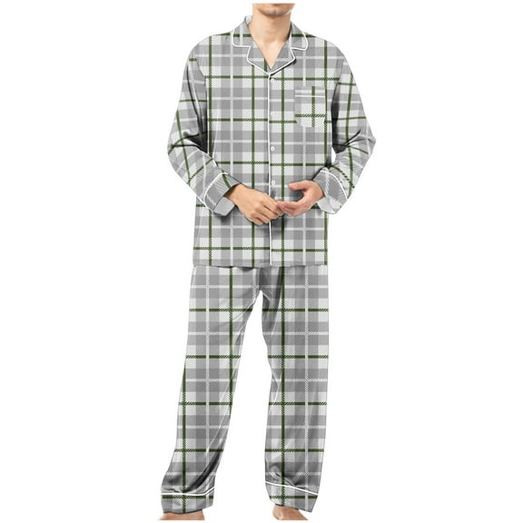 Ashirexll Two Piece Sets, Mens Pajamas Set, Casual Turndown Collar Print Long Sleeve Pajama Set For Men With Elastic Waist