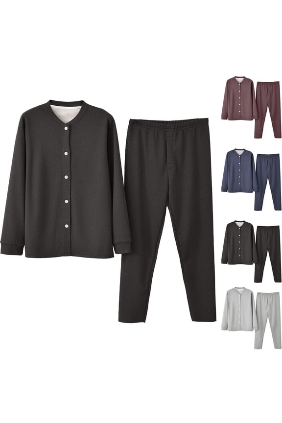 Two Piece Sets, Mens Pajamas Set, Long Sleeve Thick Warm Sleepwear Set Loose Solid Color Winter Loungewear