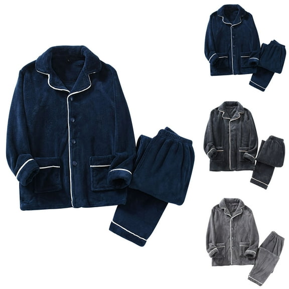 Ashirexll Two Piece Sets, Mens Pajamas Set, Solid Button Down Long Sleeve Fashion Casual Sleepwear Set Velvet Flannel Loungewear
