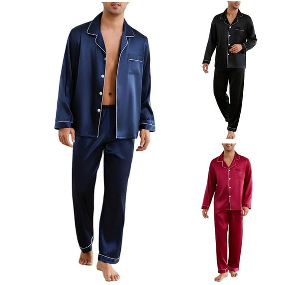 Ashirexll Two Piece Sets, Mens Pajamas Set, Solid Color Casual Ice Silk Pajama Set For Men With Long Sleeve And Chest Pocket