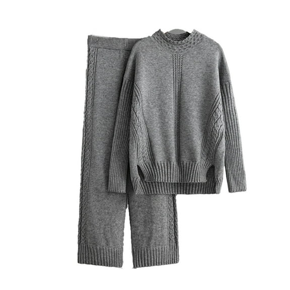 Ashirexll Two Piece Sets for Women, Outfits for Women, Winter Fashion Loose Casual Half High Collar Sweater and Pants Two Piece Solid Color Knitted Set