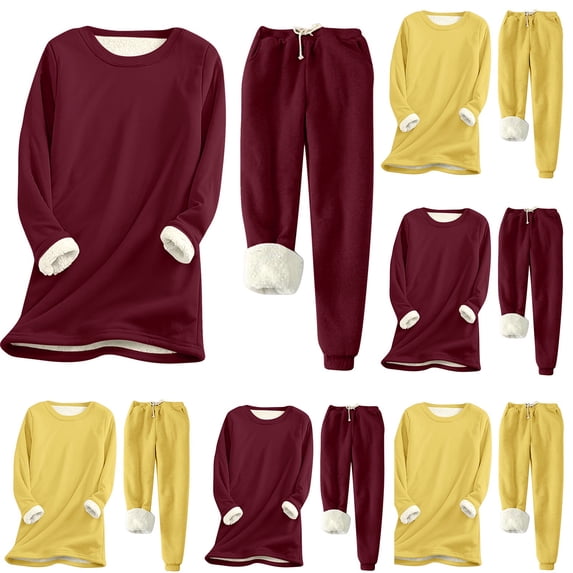 Ashirexll Two Piece Sets for Women, Womens 2 Piece Outfits, Solid Round Neck Thickened Insulation Long Sleeve Top and Pocket Thickened Pants Winter Set
