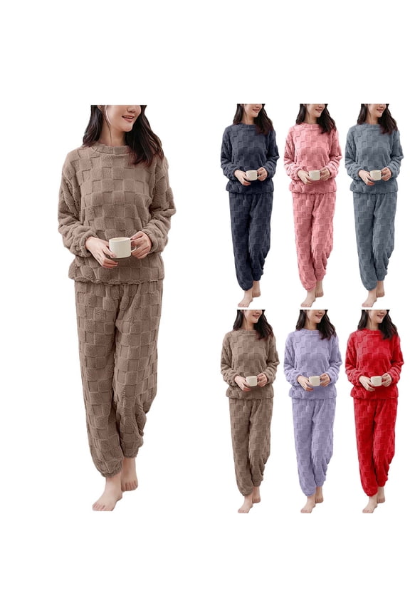 Two Piece Sets for Women, Fuzzy Pajamas for Women, Loose Solid Color Winter Thick Velvet Warm Pajama Set