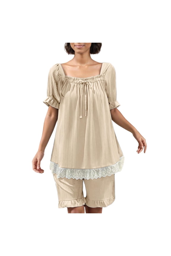 Two Piece Sets for Women, Fuzzy Pajamas for Women, White Lace Short Sleeve Shorts Pullover Pajama Set Home Clothes