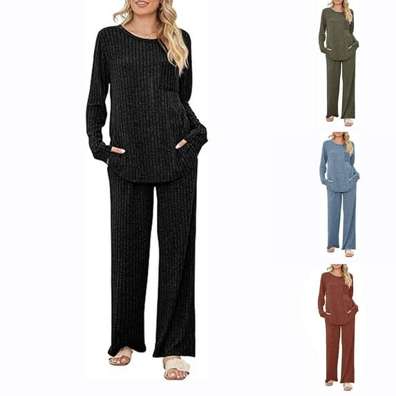 Ashirexll Two Piece Sets for Women, Outfits for Women, Casual Loose Solid Color Long Sleeve Top and Wide Leg Pants Two Piece Comfortable Set