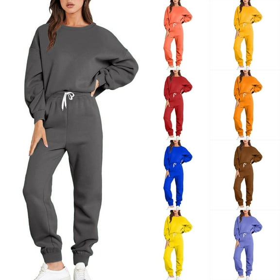 Ashirexll Two Piece Sets for Women, Outfits for Women, Drop Shoulder Sleeve Solid Loose Sweater Long Sleeve Round Neck Top and Pants Set