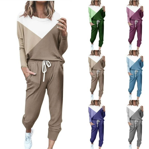 Ashirexll Two Piece Sets for Women, Outfits for Women, Loose Solid Color Long Sleeve Casual Pants Sweatsuit Two Piece Set