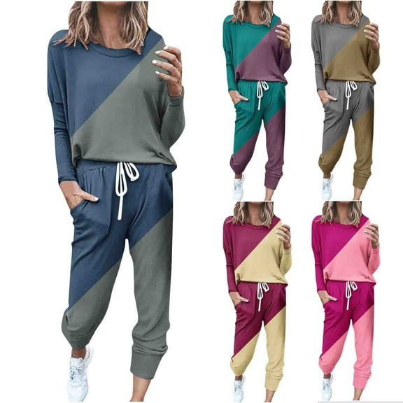 Ashirexll Two Piece Sets for Women, Outfits for Women, Loose Two Piece Set Solid Long Sleeve Top and Casual Pants Sweatsuit
