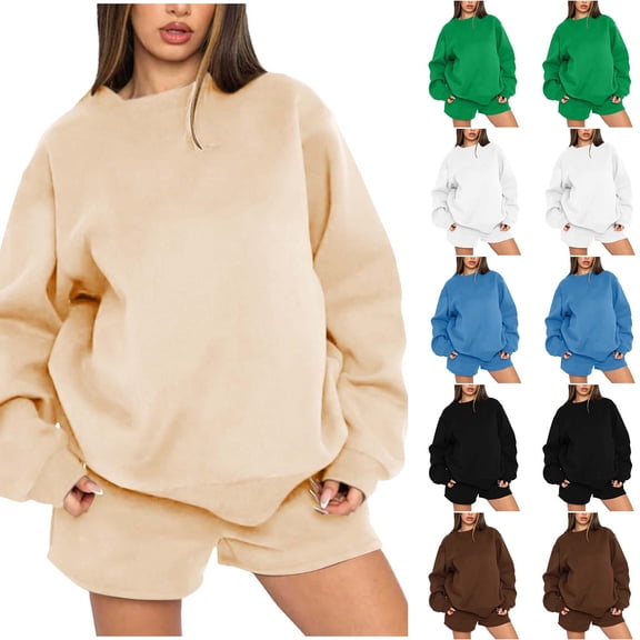 Ashirexll Two Piece Sets for Women, Outfits for Women, Round Neck Pullover Long Sleeve Sweater and Loose Fashion Casual Shorts Two Piece Set