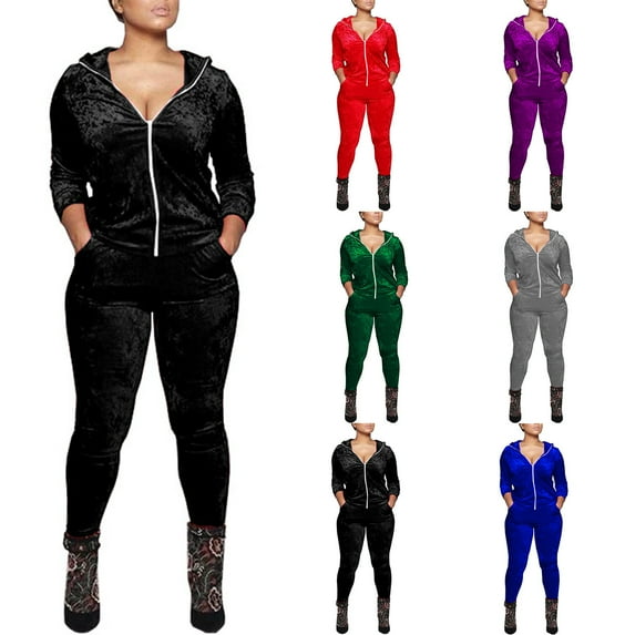 Ashirexll Two Piece Sets for Women, Outfits for Women, Solid Color Comfortable Casual Velour Hooded Zipper Top and Slim Foot Trousers 2 Piece Suit