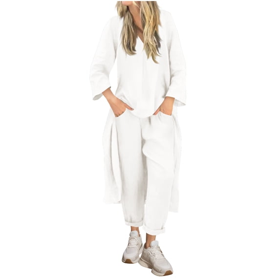 Ashirexll Two Piece Sets for Women, Outfits for Women, Spring Fall Round Neck Casual Solid Color Linen Long Sleeve Pants Suit Set