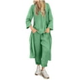 thumbnail image 1 of Ashirexll Two Piece Sets for Women, Outfits for Women, Spring Fall Round Neck Casual Solid Color Linen Long Sleeve Pants Suit Set, 1 of 7