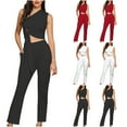 thumbnail image 1 of Ashirexll Two Piece Sets for Women, Vacation Outfits for Women, Summer Solid Color Off Shoulder Lace Up Top and Cropped Pants Set, 1 of 7