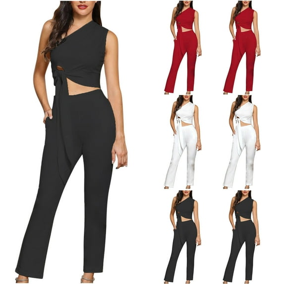 Ashirexll Two Piece Sets for Women, Vacation Outfits for Women, Summer Solid Color Off Shoulder Lace Up Top and Cropped Pants Set