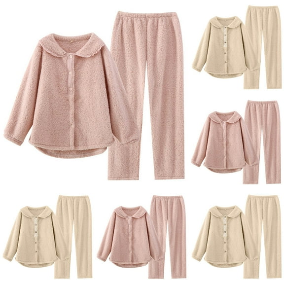 Ashirexll Two Piece Sets for Women, Womens 2 Piece Outfits, Casual Loose Solid Color Lamb Wool Button Long Sleeve Turndown Collar Top and Pants Set