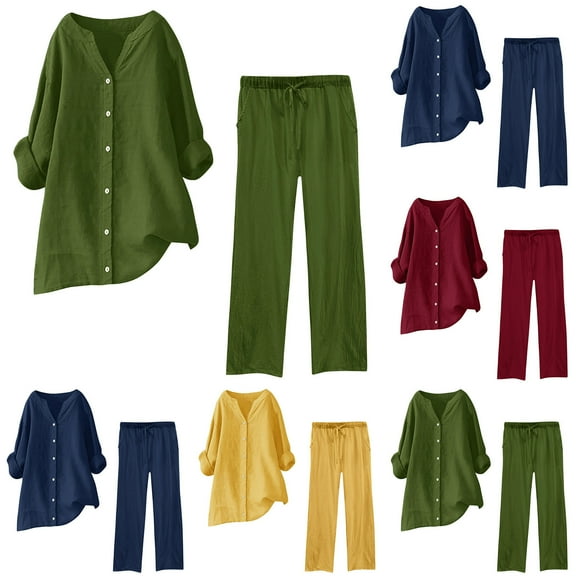 Ashirexll Two Piece Sets for Women, Womens 2 Piece Outfits, Fall Loose Comfortable Casual Solid Color Long Sleeve Round Neck Top and Pants Set