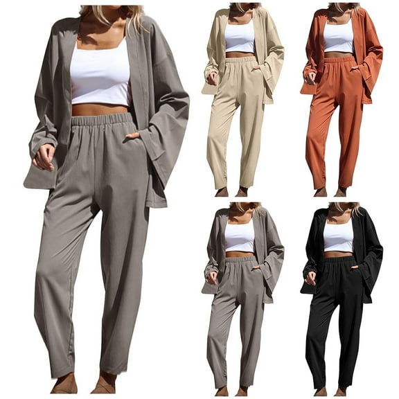 Ashirexll Two Piece Sets for Women, Womens 2 Piece Outfits, Fashion Casual Solid Color Cardigan and Pants Set Long Sleeve V Neck Top