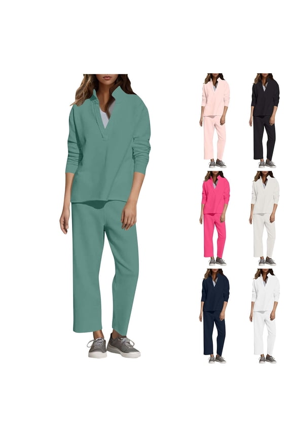 Two Piece Sets for Womens 2 Piece Outfits Solid Color Patchwork Casual Ribbed Knit Jacket and Pants Suit