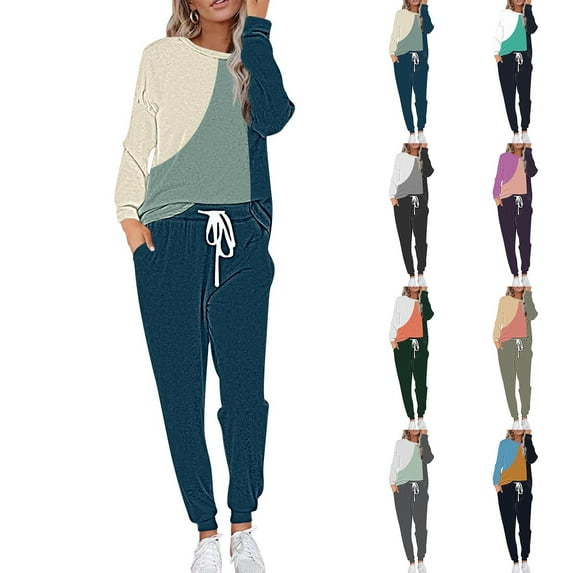 Ashirexll Two Piece Sets for Womens 2 Piece Outfits Solid Color Patchwork Casual Ribbed Knit Jacket and Pants Suit