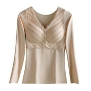 Ashirexll Undershirt for Women Plus Size Long Sleeve Winter Self-Heating Warm and Seamless Fleece Bottoming Tops Beige C 3XL