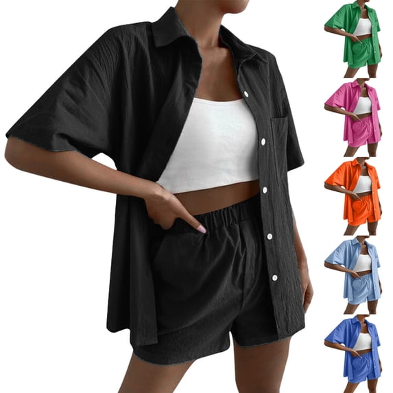 Ashirexll Vacation Outfits for Women, Two Piece Sets for Women, Fashion Summer Solid Color Turndown Collar Button Short Sleeve Top and Pant Set