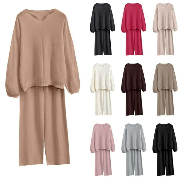 Ashirexll Vacation Outfits for Womens Winter Sets Round Neck Long Sleeve Top and Pants Color Block Home Sports Casual Yoga Outfit