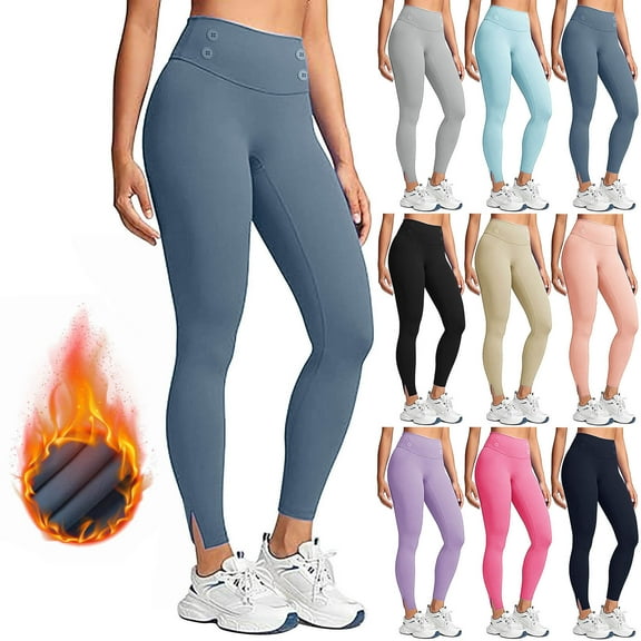Ashirexll Warm Leggings Yoga Pants Women Fleece Lined Athletic Pants With Side Pockets High Waist Thermal Workout Running Fitness Solid Color Casual