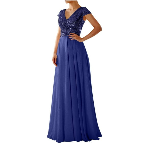 Ashirexll Wedding Guest Dresses for Women Sequined Chiffon Patchwork Evening Gown Sleeveless V-Neck Long Dress Blue L