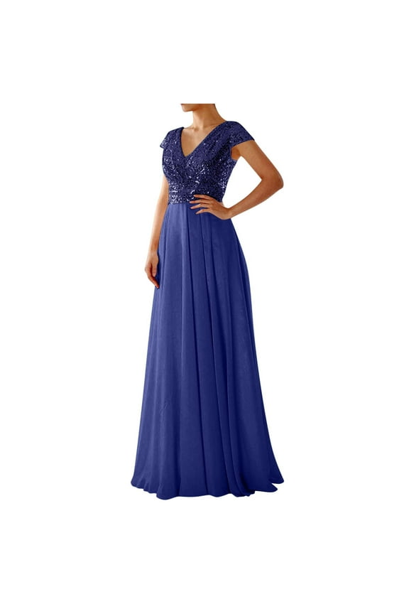 Wedding Guest Dresses for Women Sequined Chiffon Patchwork Evening Gown Sleeveless V-Neck Long Dress Blue L