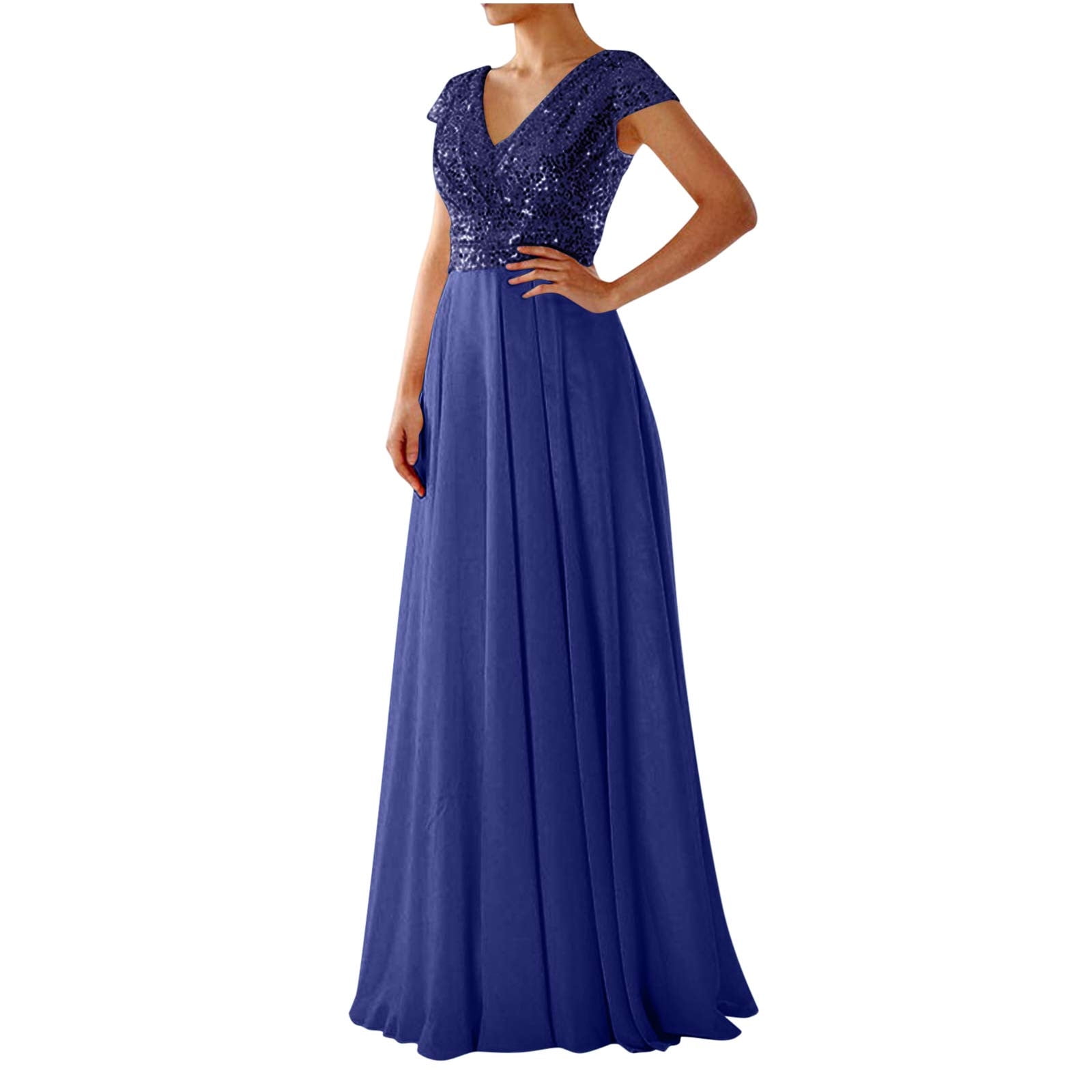 Ashirexll Wedding Guest Dresses for Women Sequined Chiffon Patchwork Evening Gown Sleeveless V-Neck Long Dress Blue XXL, Women's, Size: 2XL