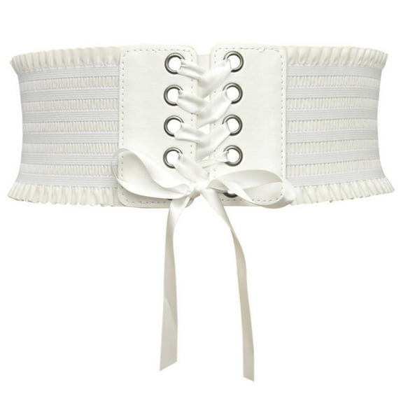 Ashirexll Wide Elastic Corset Belt for Women Vintage Lace-up Tied Waspie Waist Belt for Dress White Free Size