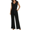 thumbnail image 1 of Ashirexll Wide Leg Jumpsuits for Women, Linen Overalls for Women, Fashion Summer Solid Casual V Neck Sleeveless Belted High Waist Long Pants Rompers Black S, 1 of 8
