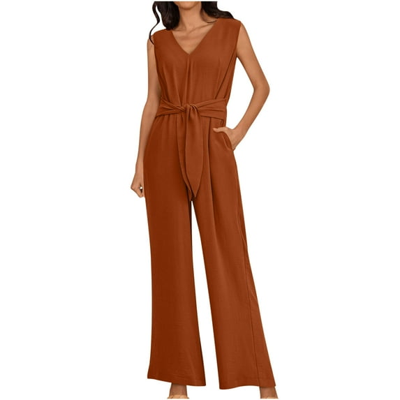 Ashirexll Wide Leg Jumpsuits for Women, Linen Overalls for Women, Fashion Summer Solid Casual V Neck Sleeveless Belted High Waist Long Pants Rompers Orange XL