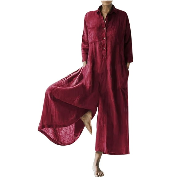 Ashirexll Wide Leg Jumpsuits for Women, Flowy Jumpsuits for Women, New Women's Long Sleeved Solid Cotton Linen Loose Bodysuit Bodysuit Wine L