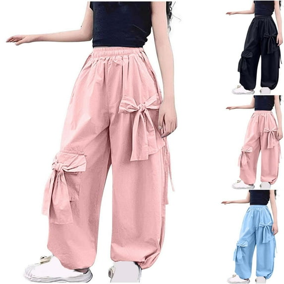 Ashirexll Wide Leg Pants, Girls Pants, Cargo Pants for 5-16Y Girls Elastic Waist Wide Leg Pants Summer Casual and Fashion Work Trousers with Bowknot Pockets