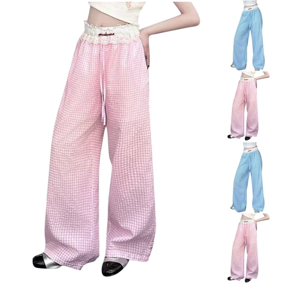 Ashirexll Wide Leg Pants, Summer Pants, 4-13Y Girls Pants Drawstring Elastic Waist Pants Summer Fashon Plaid Casual Trousers