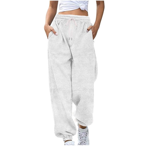 Ashirexll Wide Leg Pants Winter Women Pants Casual Solid Color Fleece Drawstring Elastic Waist Sweatpants with Pockets