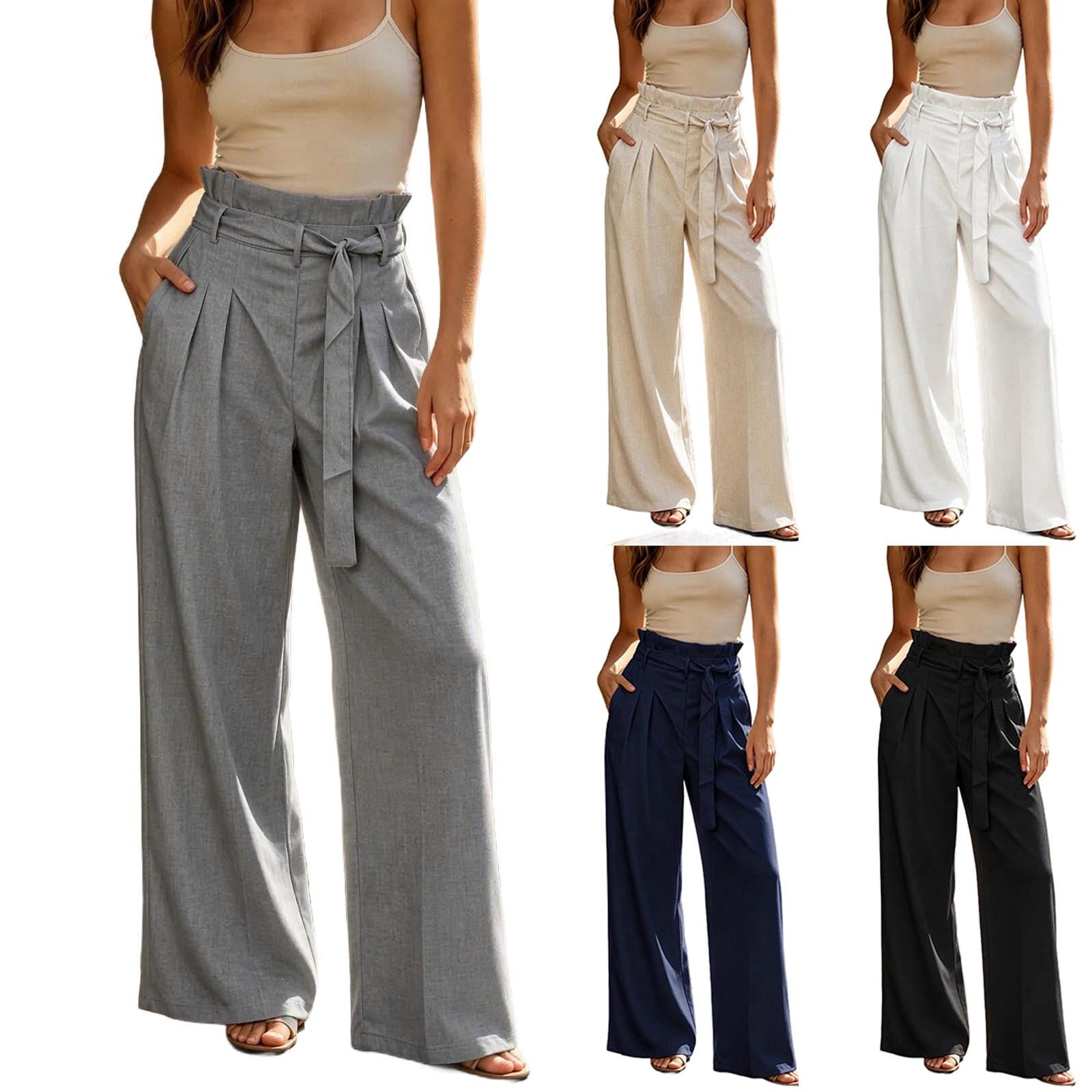 Ashirexll Wide Leg Pants Woman Fashion Solid Tie Elastic Waist Pocket ...