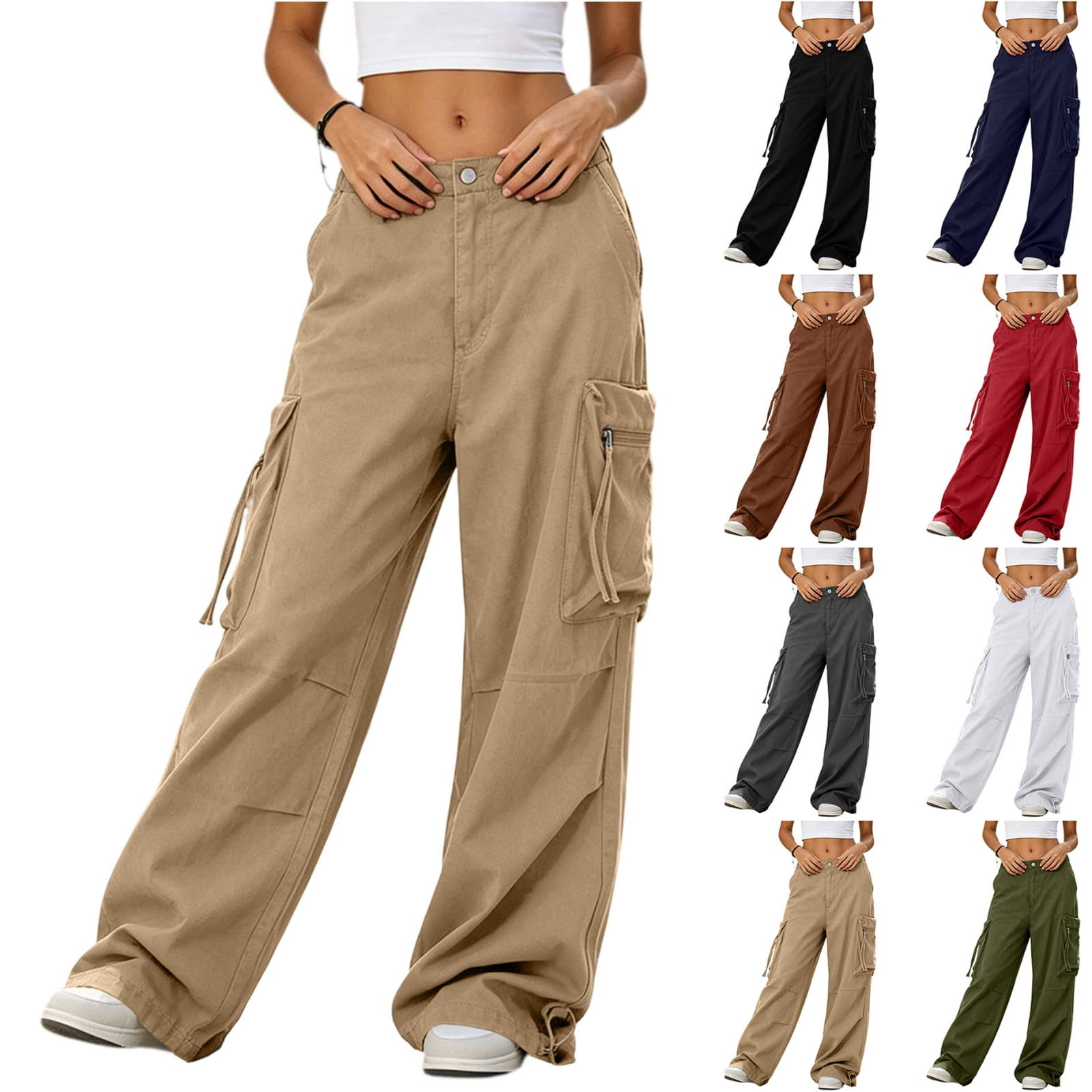 Ashirexll Wide Leg Pants Woman Solid Long Pants Multi Pocket Pocket ...